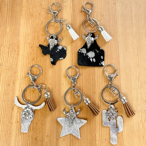 Western Cowboy Genuine Leather Bull Head Keychain With Tassels Horsehair Texas Map Cactus Keychain For Women Men Jewelry