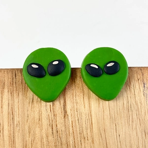 Quirky green alien clay stud earrings for Halloween, minimalist handmade jewelry for women