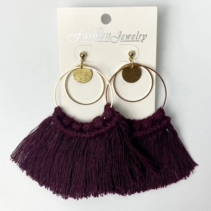 Bohemian style fan-shaped gold metal hoop earrings with burgundy fringe tassels