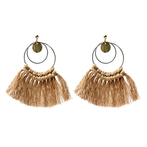 Bohemian gold hoop earrings with light khaki hand-woven fringe tassels for wedding