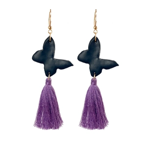 Halloween butterfly tassel earrings with purple fringe and black clay charms