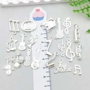 Silver alloy musical instrument charms including guitar and notes for DIY jewelry making