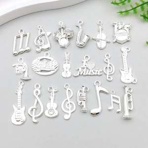 Vintage Bright Silver Zinc Alloy Music Note Guitar Musical Instrument Pendants DIY Charms For Jewelry Making Accessories