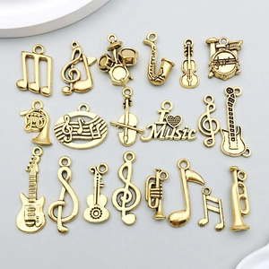 Pendentifs Thème Musique en Alliage de Zinc Or Antique Vintage pour Fabrication de Bijoux DIY Guitare Violon Saxophone Notes pour Bracelet Collier