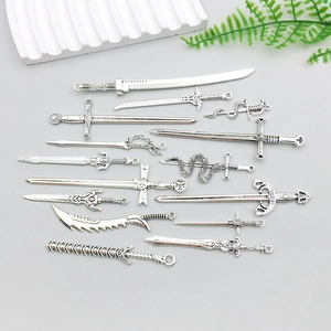Set of 14 vintage silver alloy sword pendants for DIY jewelry and punk accessories