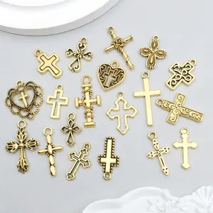 Assorted vintage gold alloy cross and heart charms for DIY jewelry making sets