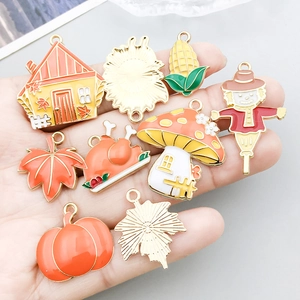 Colorful enamel alloy Thanksgiving pendants set featuring pumpkin and autumn maple leaf charms