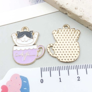 Detailed view of lavender cat coffee cup enamel charm showing front and honeycomb back
