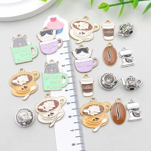 Assorted enamel cat and coffee cup charms in vintage alloy for DIY jewelry making