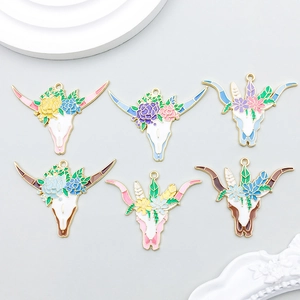 Bohemian Enamel Zinc Alloy Bull Head Floral Pendants Vintage Animal Skull Charms For DIY Necklace Bracelet Accessories