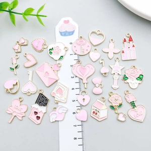 Pink enamel heart jewelry charms set with gold alloy edges for DIY necklace making