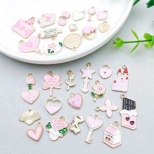 Pink heart-themed enamel alloy pendants set for DIY necklace and bracelet jewelry making