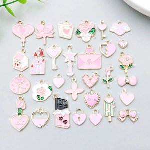 Valentine's Day Pink Enamel Zinc Alloy Heart Pendant Set DIY Jewelry Making Accessories Rose Key Castle Bow Charms