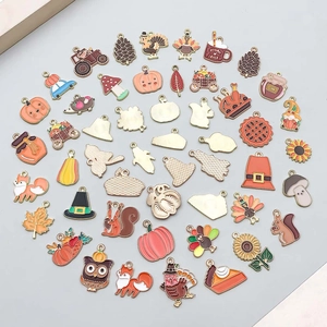 Assorted Thanksgiving enamel alloy charms featuring pumpkins, turkeys and maple leaves