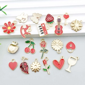 Set of 18 red enamel flower and fruit alloy charms for DIY necklaces and bracelets