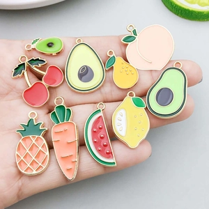 Colorful fruit and vegetable enamel pendants set with gold alloy base for DIY jewelry