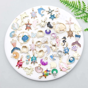 Colorful marine animal alloy pendants set for DIY jewelry featuring seahorses and shells