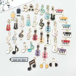 Assorted colorful enamel music charms featuring guitars and notes for DIY jewelry making