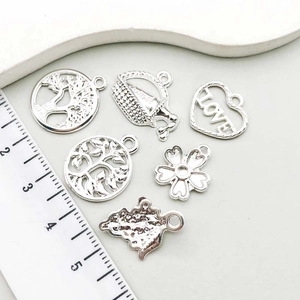 Bright silver alloy charms set including tree of life and hearts for DIY jewelry