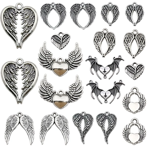 Antique silver alloy heart wing pendants for DIY necklaces and handmade jewelry making