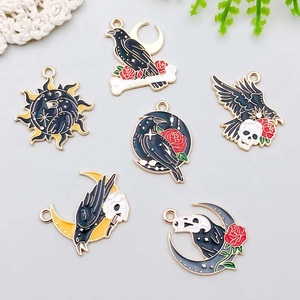 Gothic moon and raven enamel alloy charms set for DIY jewelry necklaces and bracelets