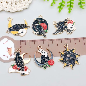 Gothic moon and crow enamel pendants set in zinc alloy for DIY jewelry making