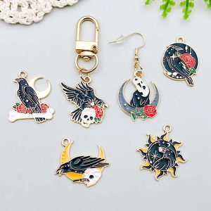 Gothic moon and raven alloy pendant set with red rose and skull motifs for DIY jewelry