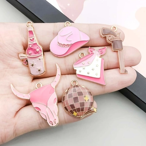 Pink western cowboy enamel charms set with bull skull and hat for DIY jewelry making