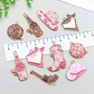 Pink enamel western cowboy charms set with boots, hat and disco ball for DIY jewelry