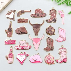 Western Cowboy Style Zinc Alloy Enamel Charms For DIY Jewelry Making Hat Boot Bull Head Shapes Pink Brown Gold Accessories