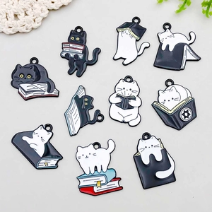 Cute black and white cat reading books enamel pendants for DIY bracelets and necklaces