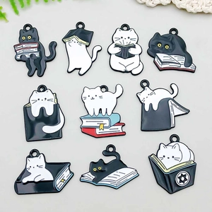 Kawaii Enamel Cat Reading Book Alloy Pendants Black White Cat Charms For DIY Necklace Bracelet Earring Jewelry Making Accessories