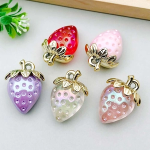 Colorful strawberry resin charms with gold metal leaves for DIY jewelry making crafts