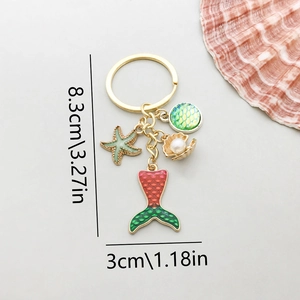 Porte-clés sirène avec étoile de mer et coquillage, taille 8,3x3cm pour accessoires