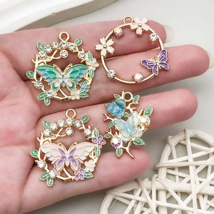 Colorful enamel butterfly and flower wreath pendants for DIY jewelry making