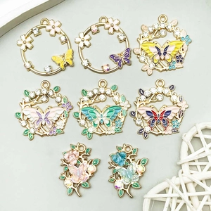 Enamel butterfly and flower wreath charms set with crystals for DIY jewelry making