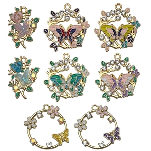 Colorful enamel butterfly and floral alloy charms with rhinestones for DIY jewelry making