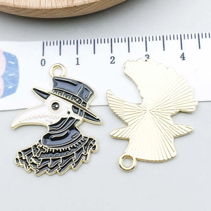 Detailed view of black and white enamel plague doctor pendant for DIY jewelry