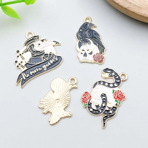 Detailed gothic crow and skull pendants with black enamel for DIY necklace making