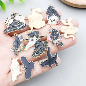 Gothic plague doctor and raven enamel charms in gold-plated alloy for DIY jewelry