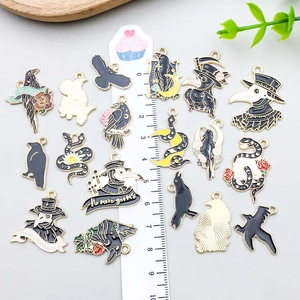 Black enamel gothic animal charms with plague doctor and raven patterns for DIY jewelry