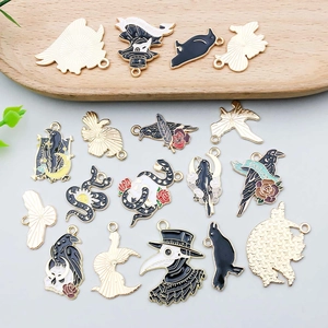Gothic black enamel charms featuring ravens, skulls, and plague doctor masks for DIY jewelry