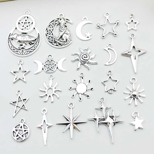 Retro Zinc Alloy Star Moon Sun Charms Mixed Selection Antique Silver Celestial Theme Pendants For DIY Jewelry Making Accessories