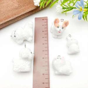 Group of 5 white flocked resin puppy and bunny pendants for DIY jewelry making