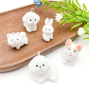 Cute flocked animal pendants featuring white resin puppies and rabbits for DIY jewelry making