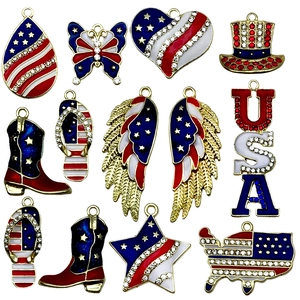 Set of American flag charms including heart butterfly and USA shapes with blue red enamel