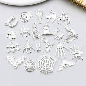 Silver Halloween charms set featuring skulls spiders and bats for DIY jewelry making