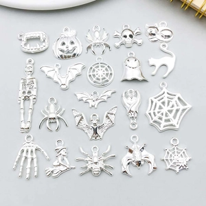 Bright Silver Zinc Alloy Halloween Pendants Set Ghost Spider Bat Witch Skeleton Charms For DIY Necklace Bracelet Making Party Supplies