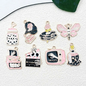 Pink enamel Halloween phonograph and skull alloy charms for DIY jewelry making
