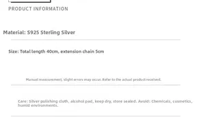 Especificaciones del collar estrella plata S925 y guía de cuidado de joyas